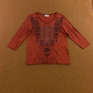Cactus Bay Womens Medium Rust Orange Southwestern Rhinestone 3/4 Sleeve Top